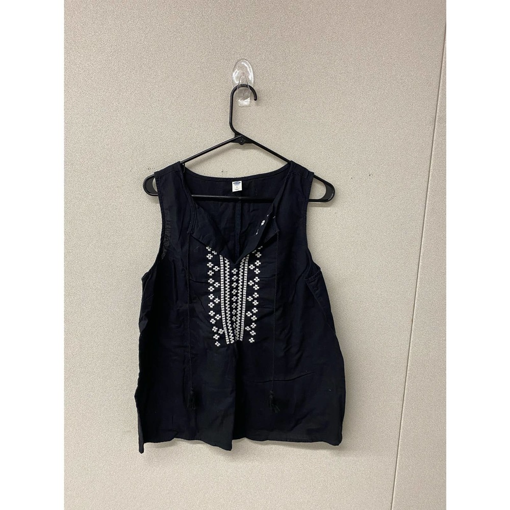 Old Navy Tank Black with white embroidery & tassels Size L